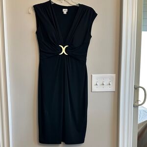 Cache Black Sleeveless V-Neck Midi Dress with Gold Accent